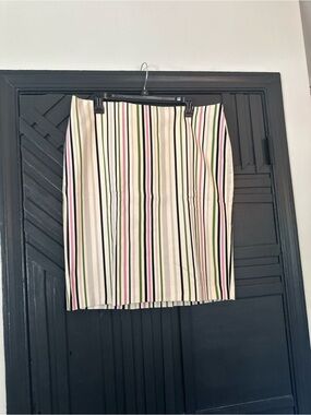 Ann Taylor Cream Pencil Skirt with Black, Pink & Green Stripes